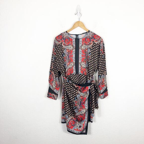 Zara Paisley Scarf Mix Print Satin Faux Wrap Mini Dress Small Boho Western - Picture 3 of 14